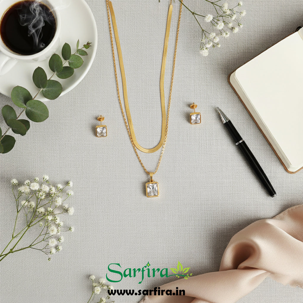 Anti-Tarnish Gold Dual-Layer Necklace & Square Stud Set
