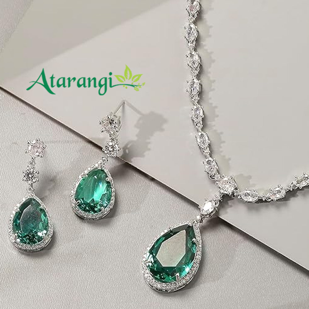 Emerald Green Teardrop Necklace Set with CZ Stones – Wedding & Party Jewelry