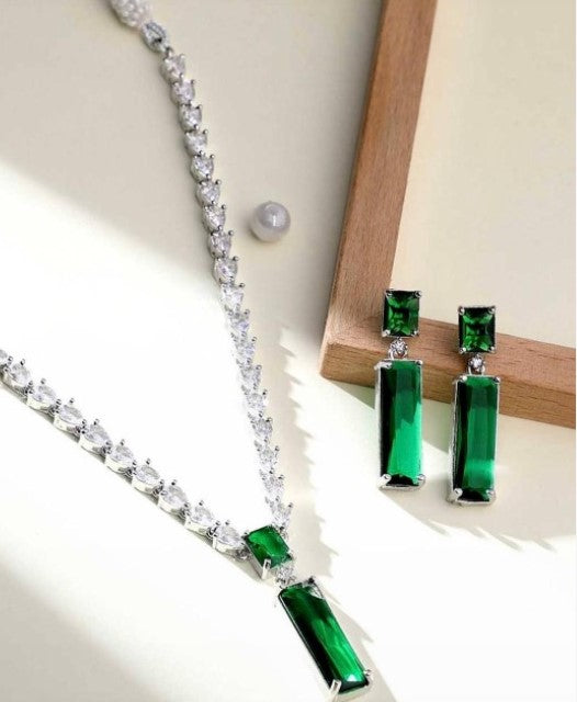 Dark Green Rectangle Necklace & Earring Set – Luxury Bridal & Party Jewelry