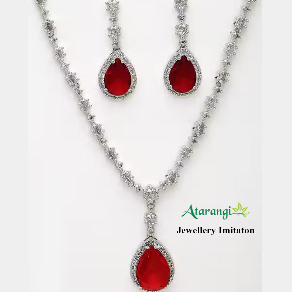Elegant Ruby Red Teardrop Necklace Set with CZ Stones – Bridal & Party Wear