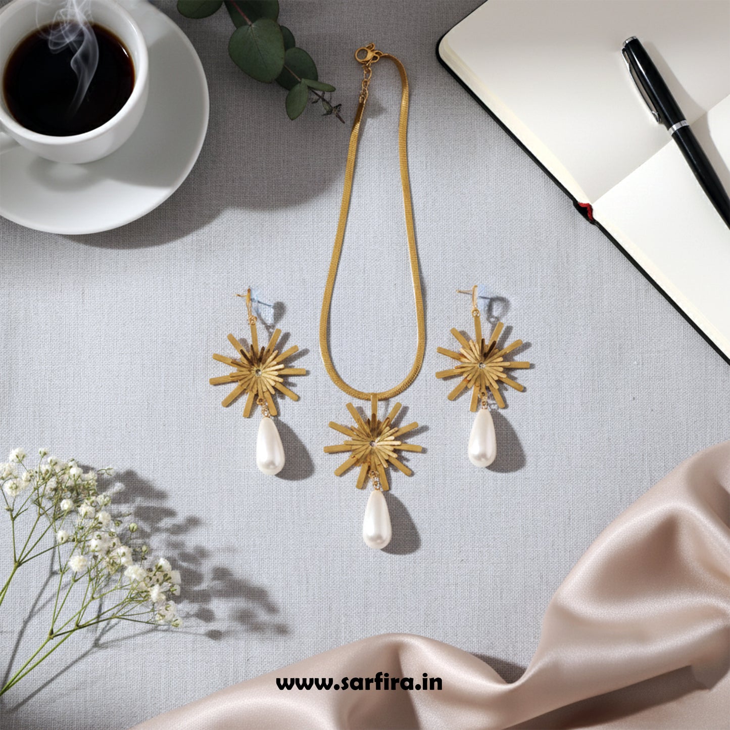 Anti-Tarnish Gold Starburst Pendant & Pearl Drop Set