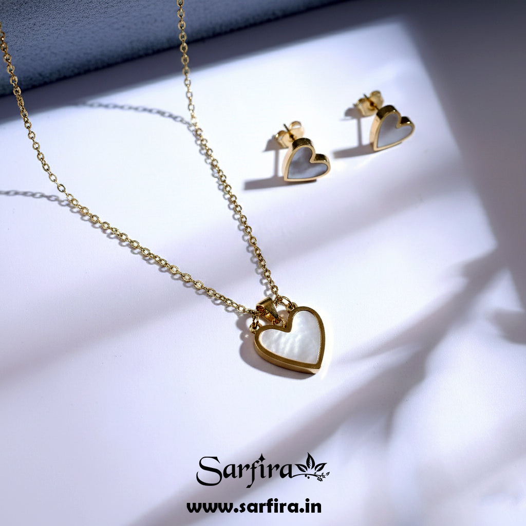 Anti-Tarnish Gold Heart Necklace & Stud Earring Set