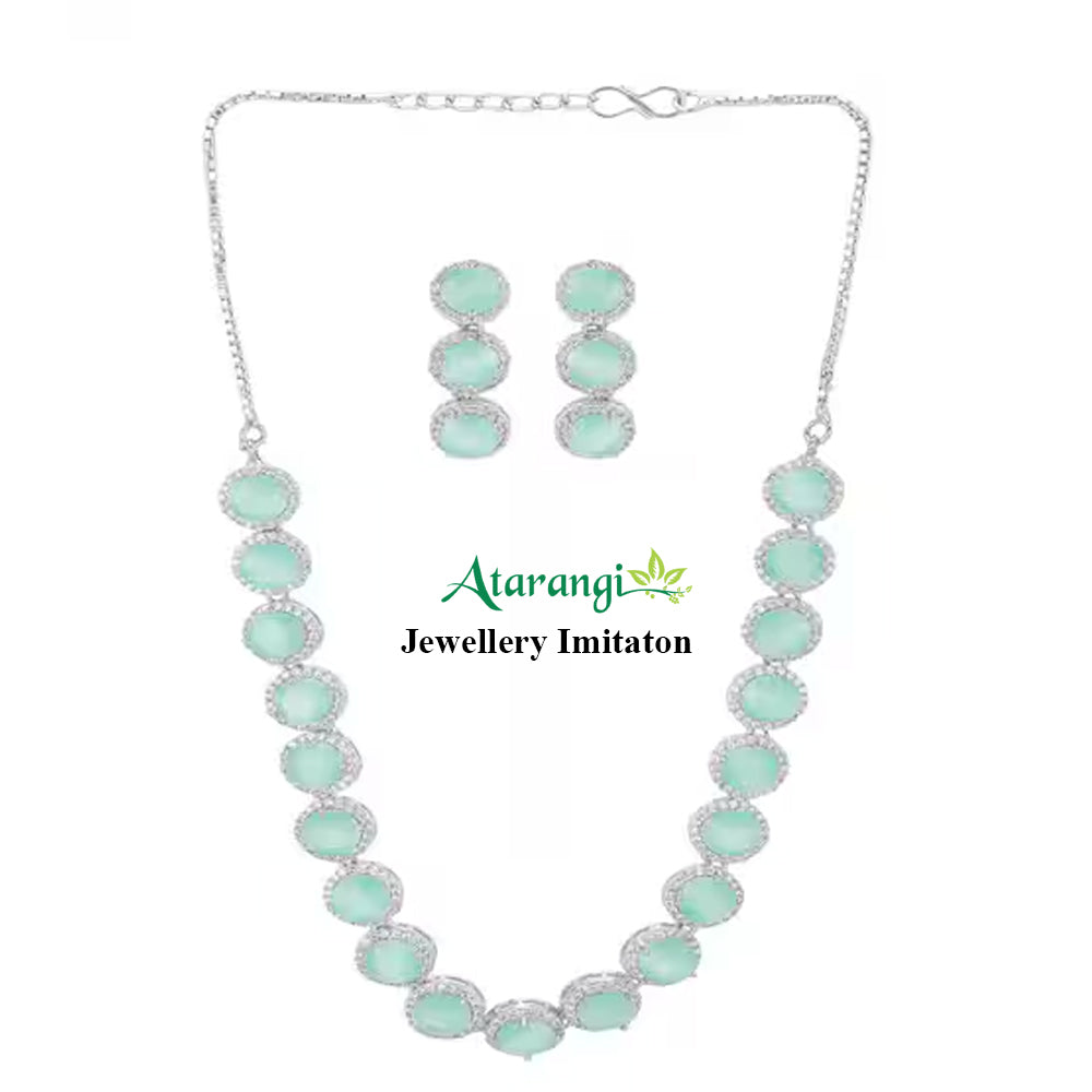 Mint Green Stone Necklace Set with Earrings – Wedding & Party Jewelry