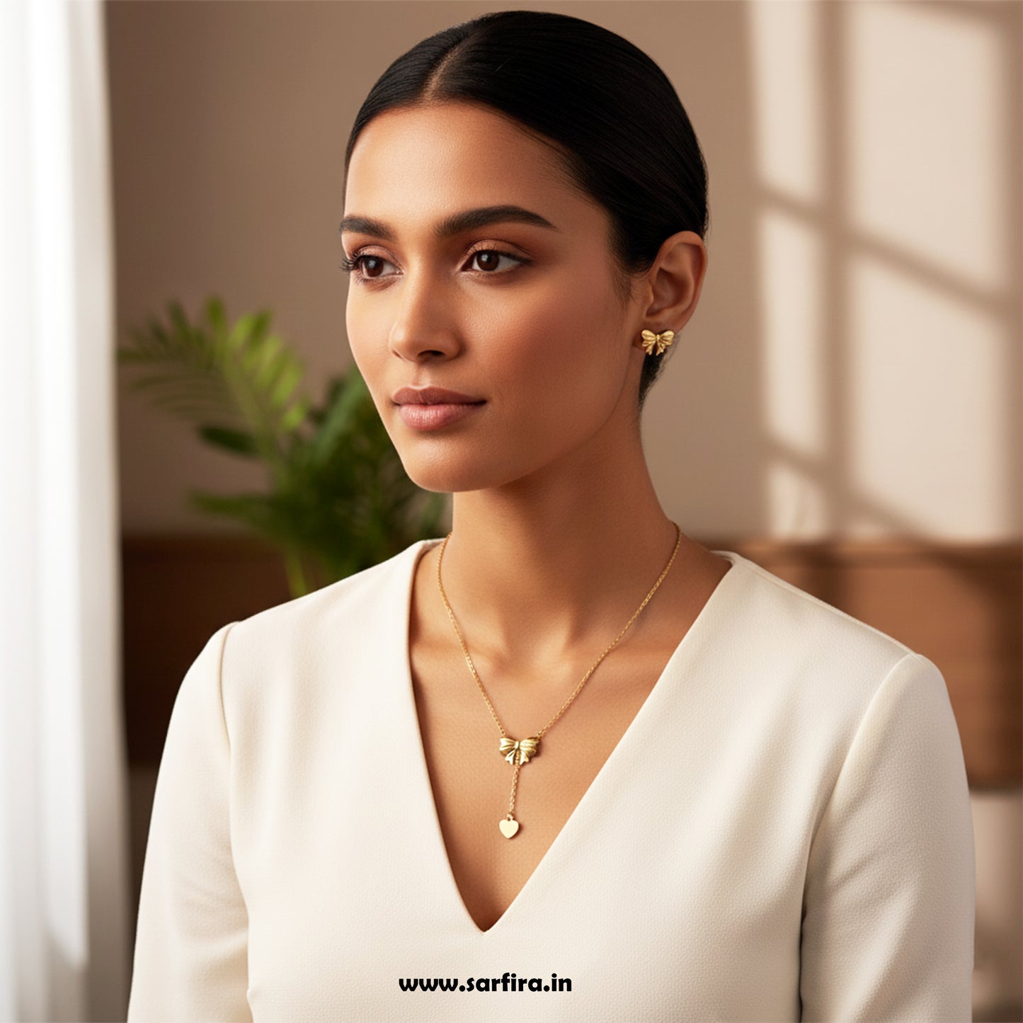 Gold Bow Tie Lariat Necklace & Stud Set
