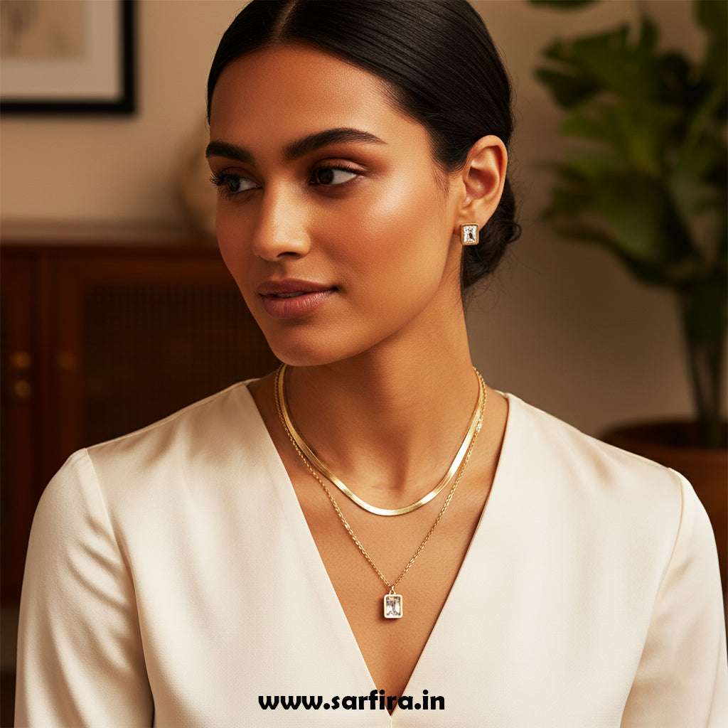 Anti-Tarnish Gold Dual-Layer Necklace & Square Stud Set