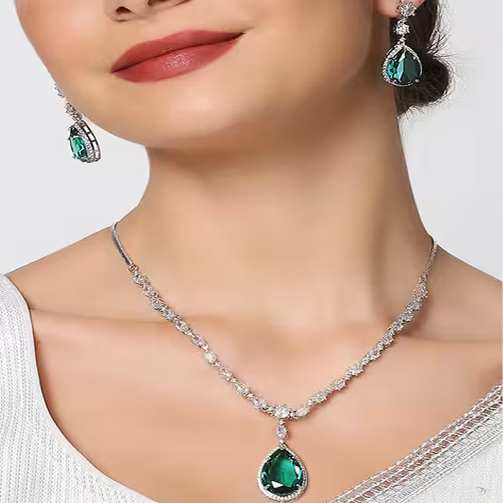 Emerald Green Teardrop Necklace Set with CZ Stones – Wedding & Party Jewelry