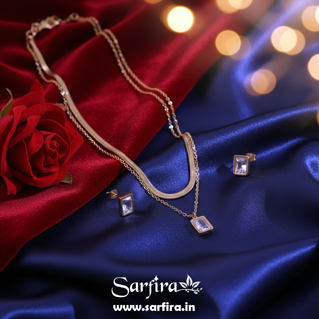 Anti-Tarnish Gold Dual-Layer Necklace & Square Stud Set