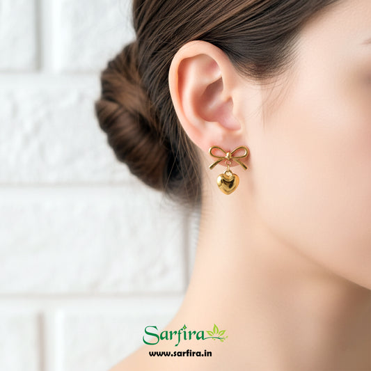 Gold Bow Tie Heart Drop Stud Earrings