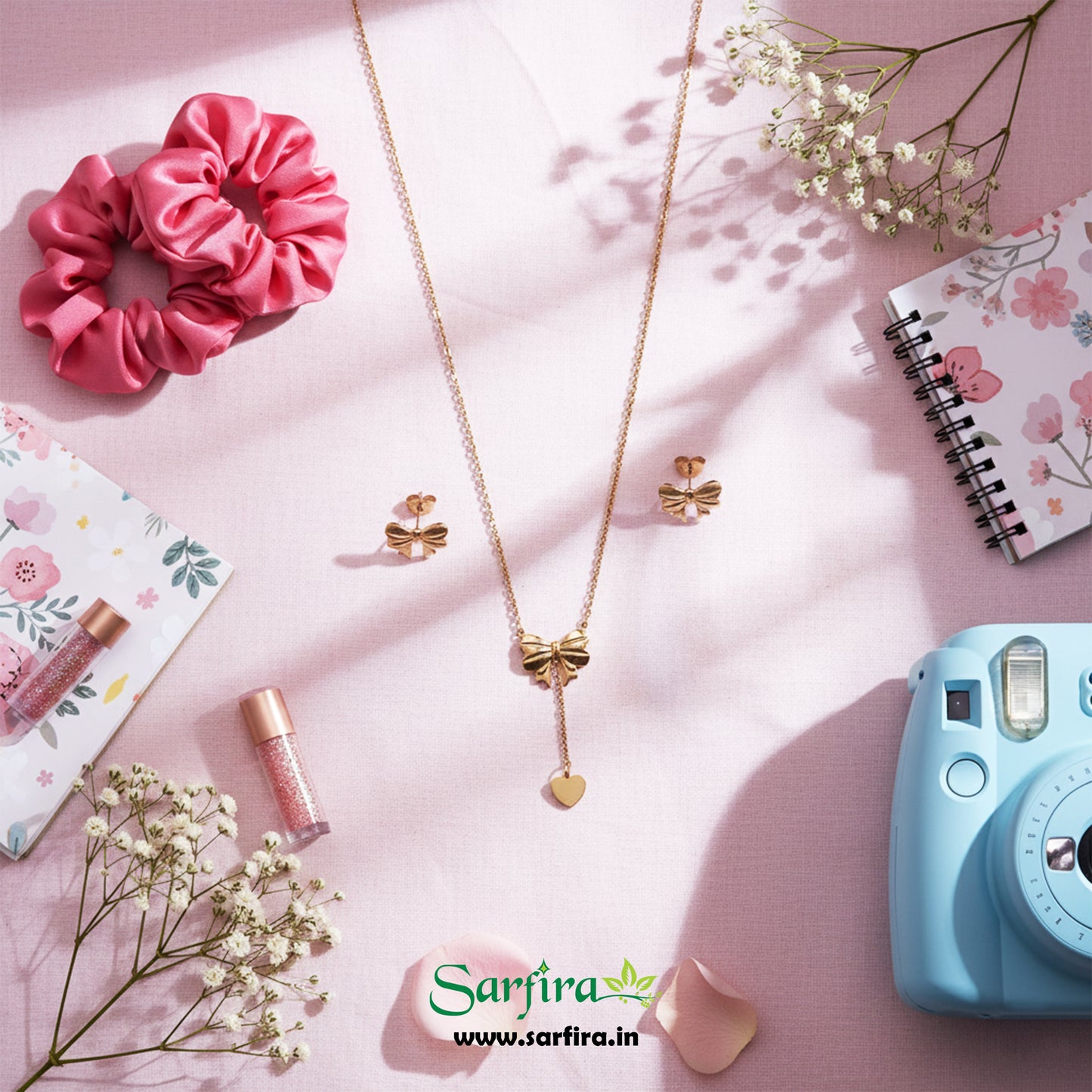 Gold Bow Tie Lariat Necklace & Stud Set