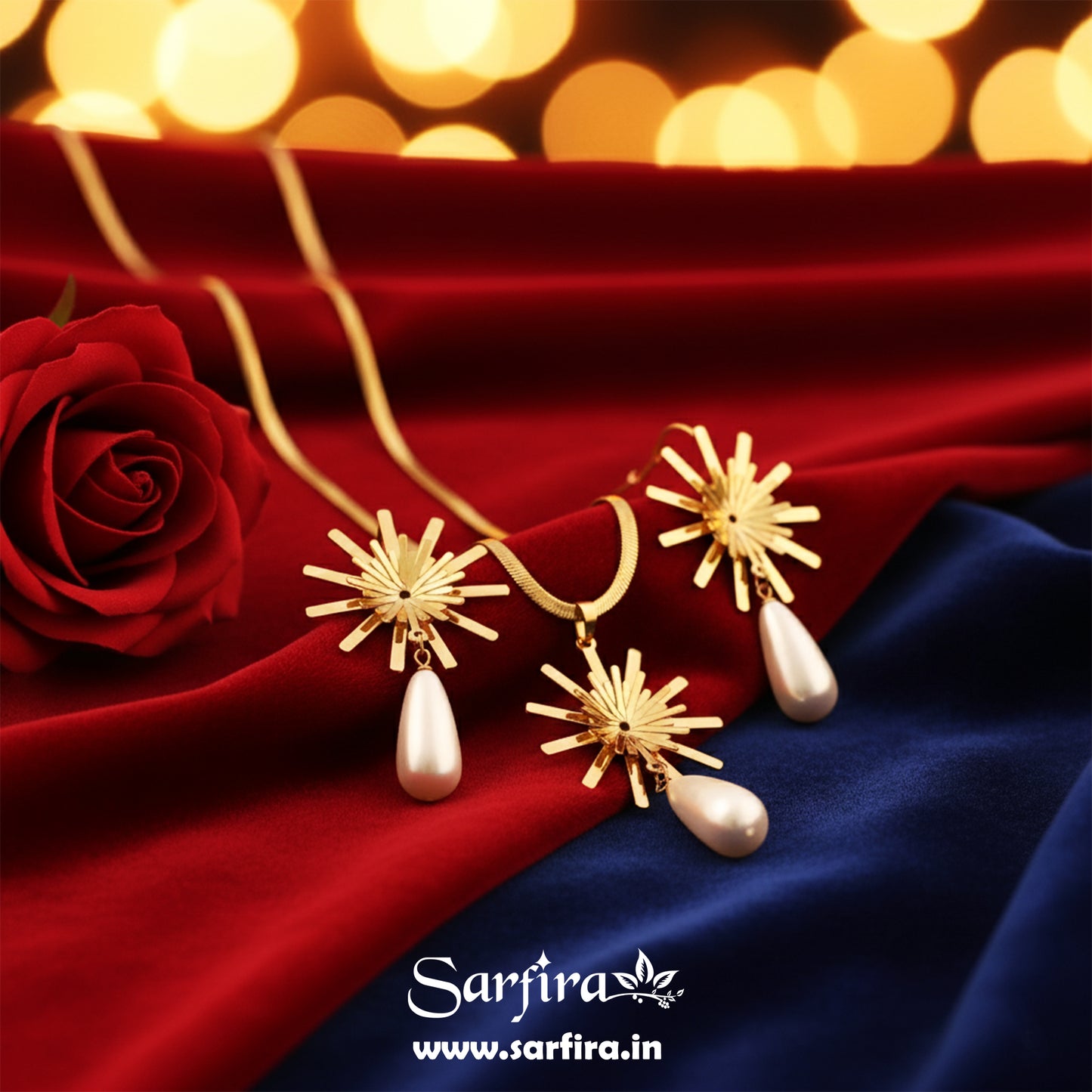 Anti-Tarnish Gold Starburst Pendant & Pearl Drop Set