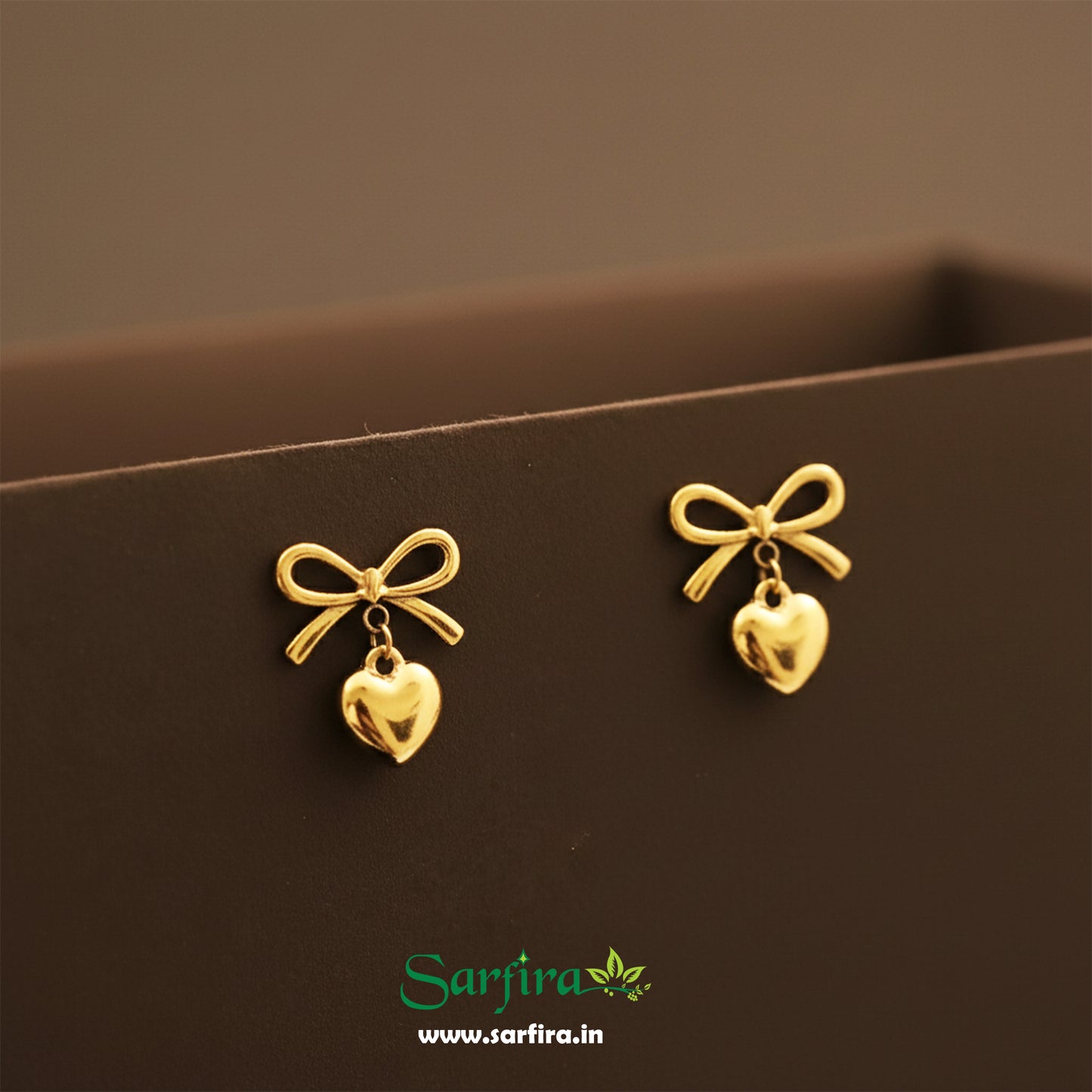 Gold Bow Tie Heart Drop Stud Earrings