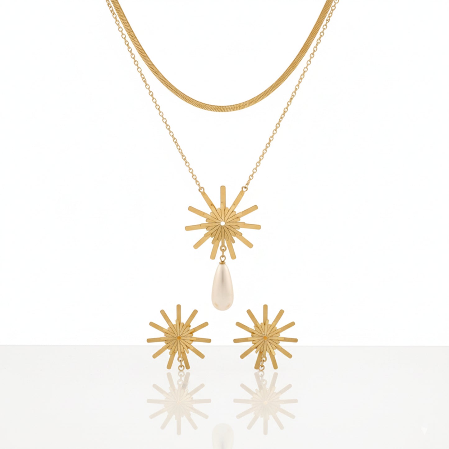 Anti-Tarnish Gold Starburst Pendant & Pearl Drop Set