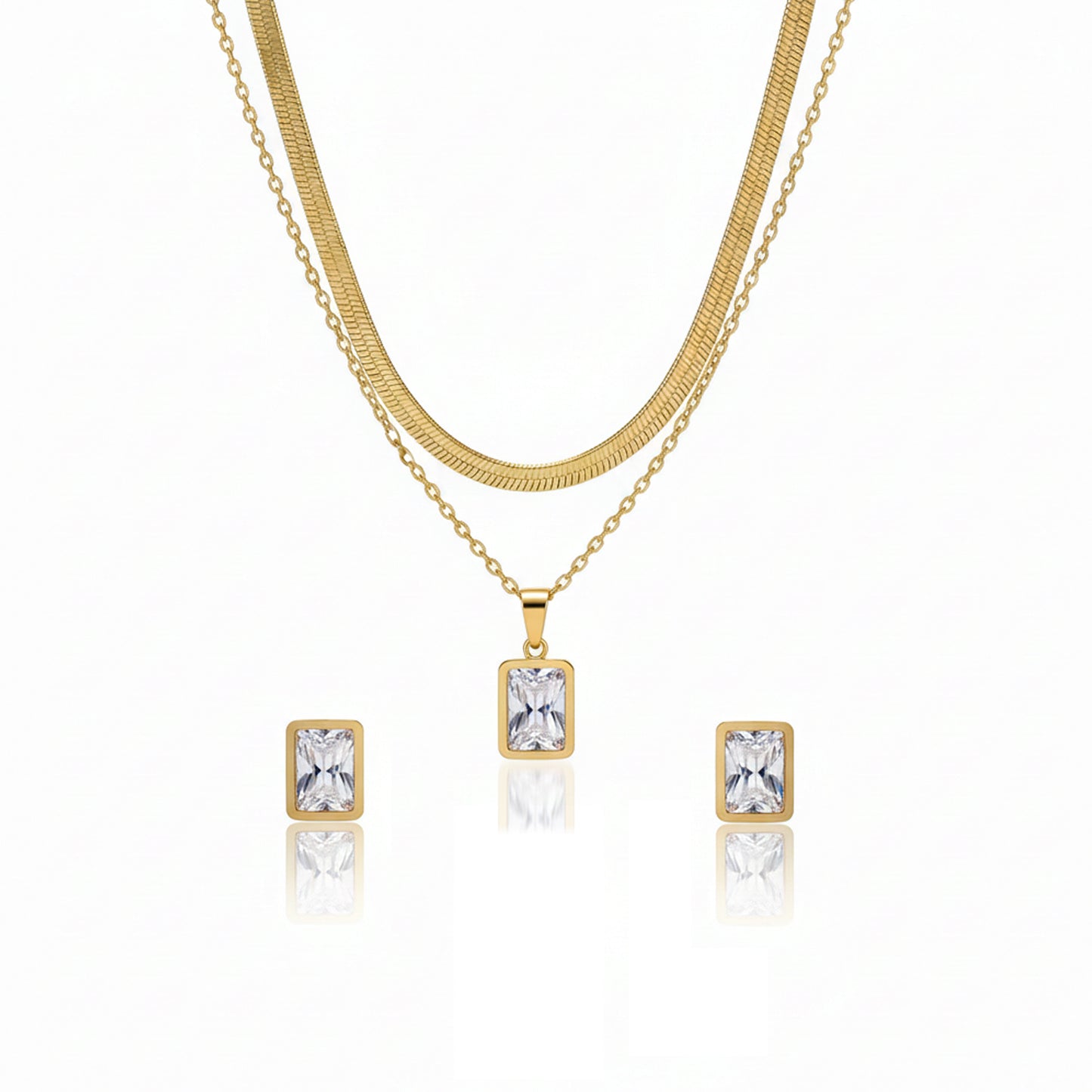 Anti-Tarnish Gold Dual-Layer Necklace & Square Stud Set