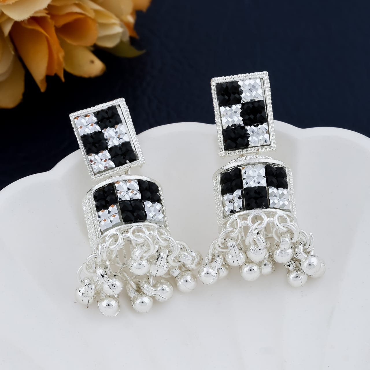 Black Silver Jhumka Earrings