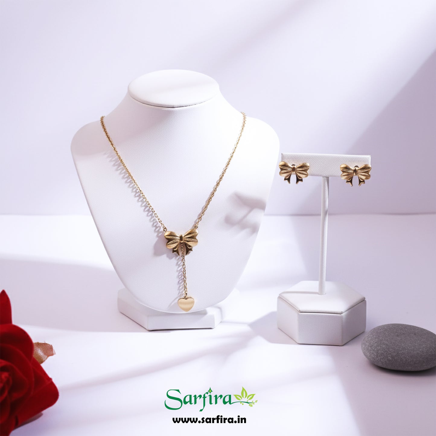 Gold Bow Tie Lariat Necklace & Stud Set