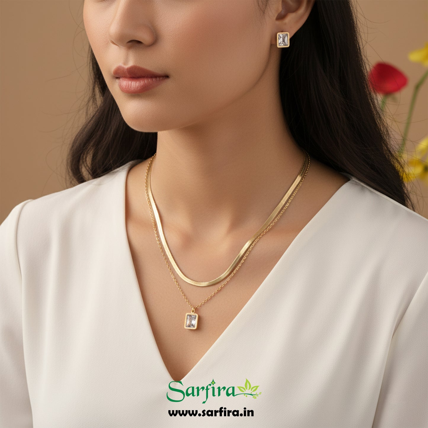 Anti-Tarnish Gold Dual-Layer Necklace & Square Stud Set