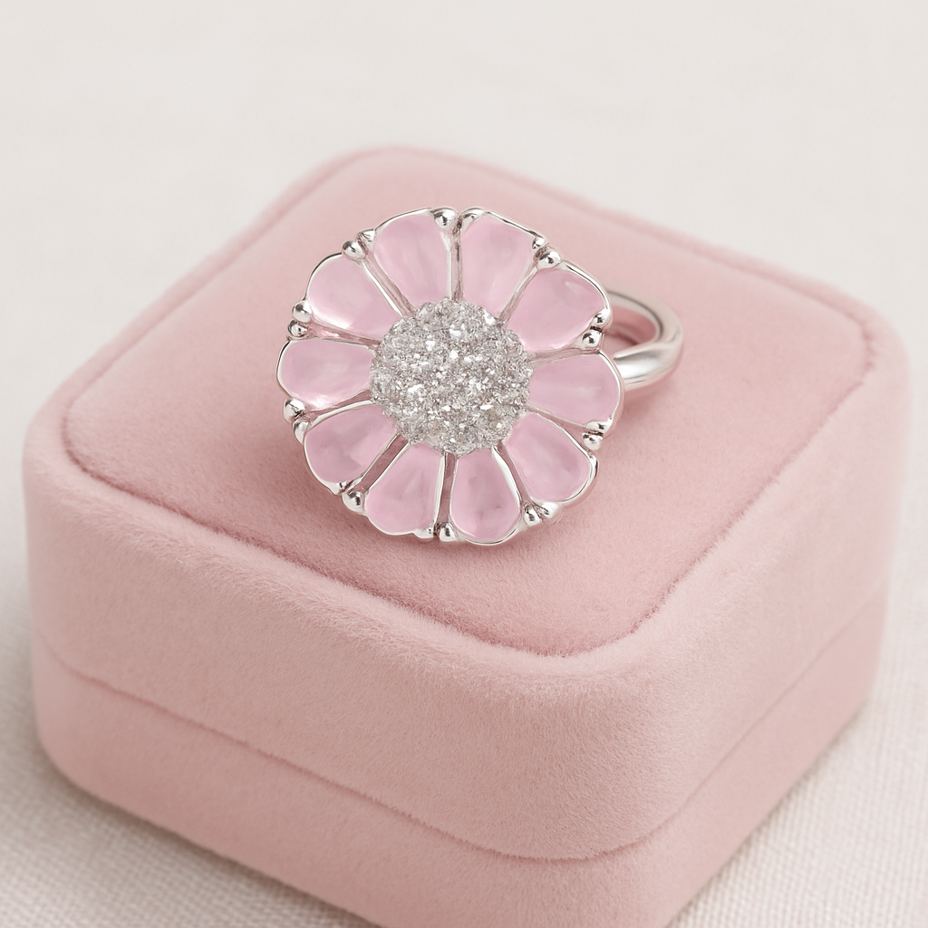 Flower Shape Light Green & Light Pink Stone Finger Ring with Diamond Center