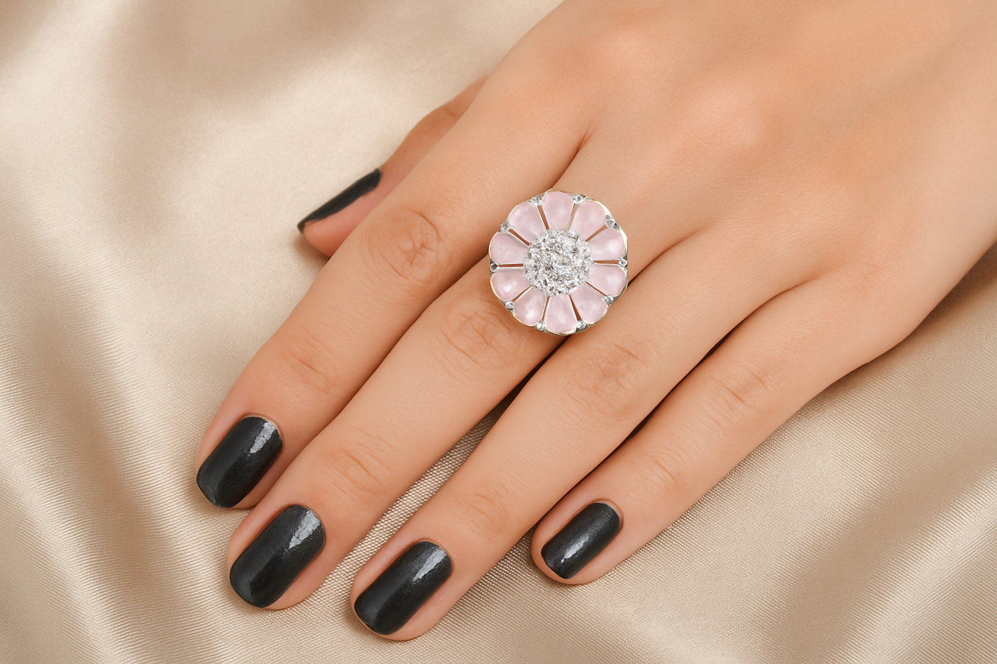 Flower Shape Light Green & Light Pink Stone Finger Ring with Diamond Center