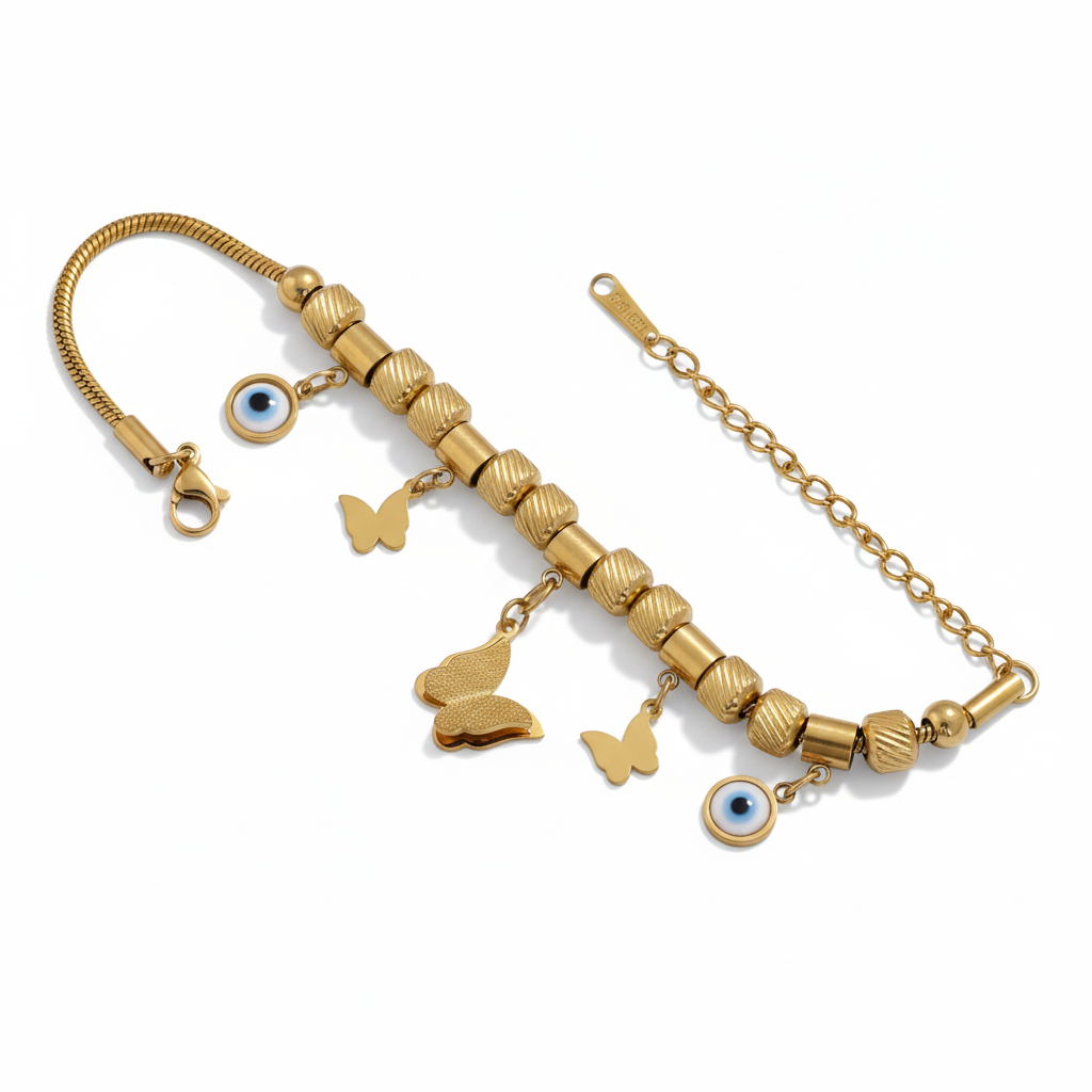 Gold Charm Bracelet with Evil Eye & Butterfly Motifs
