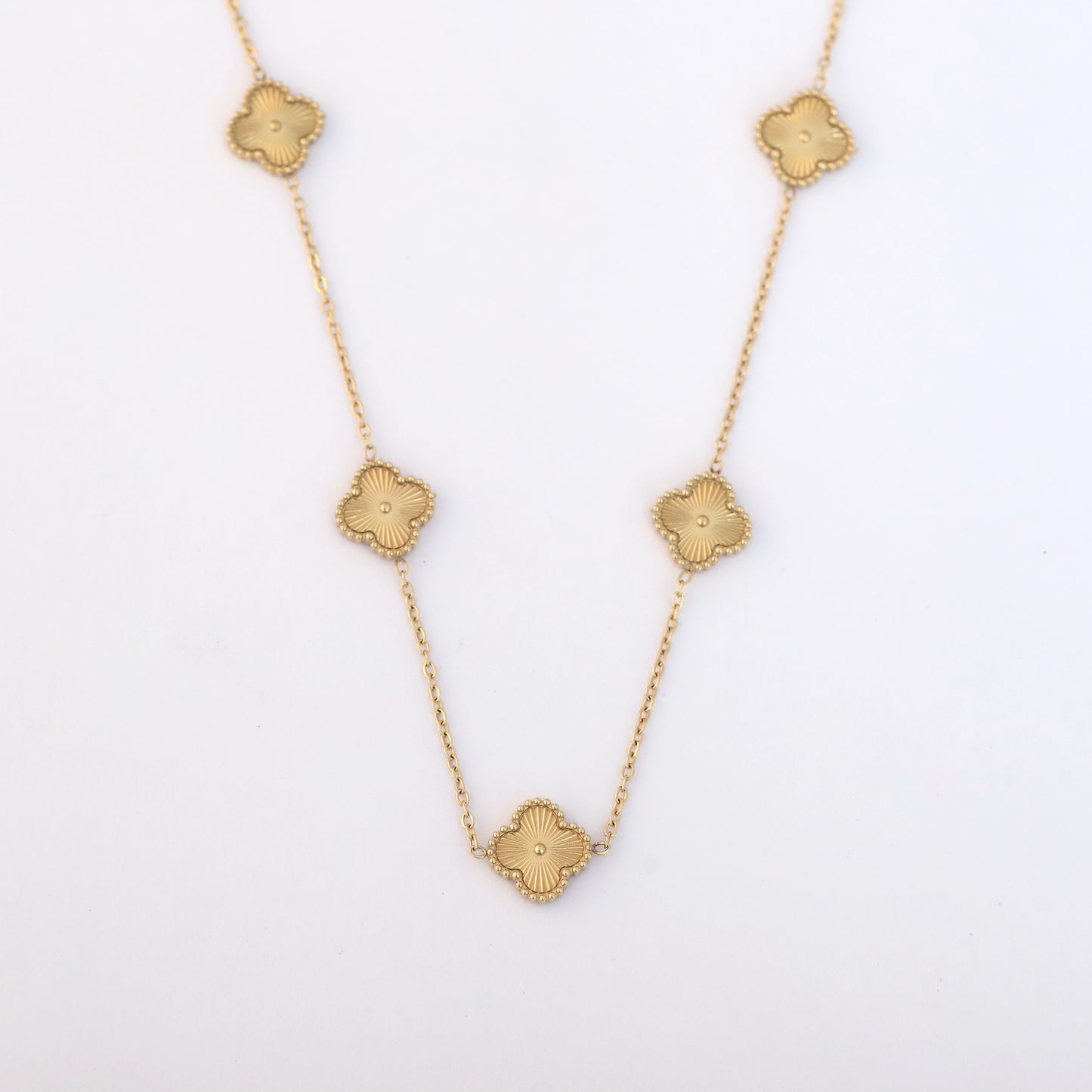 Anti-Tarnish Gold Clover Station Chain Necklace