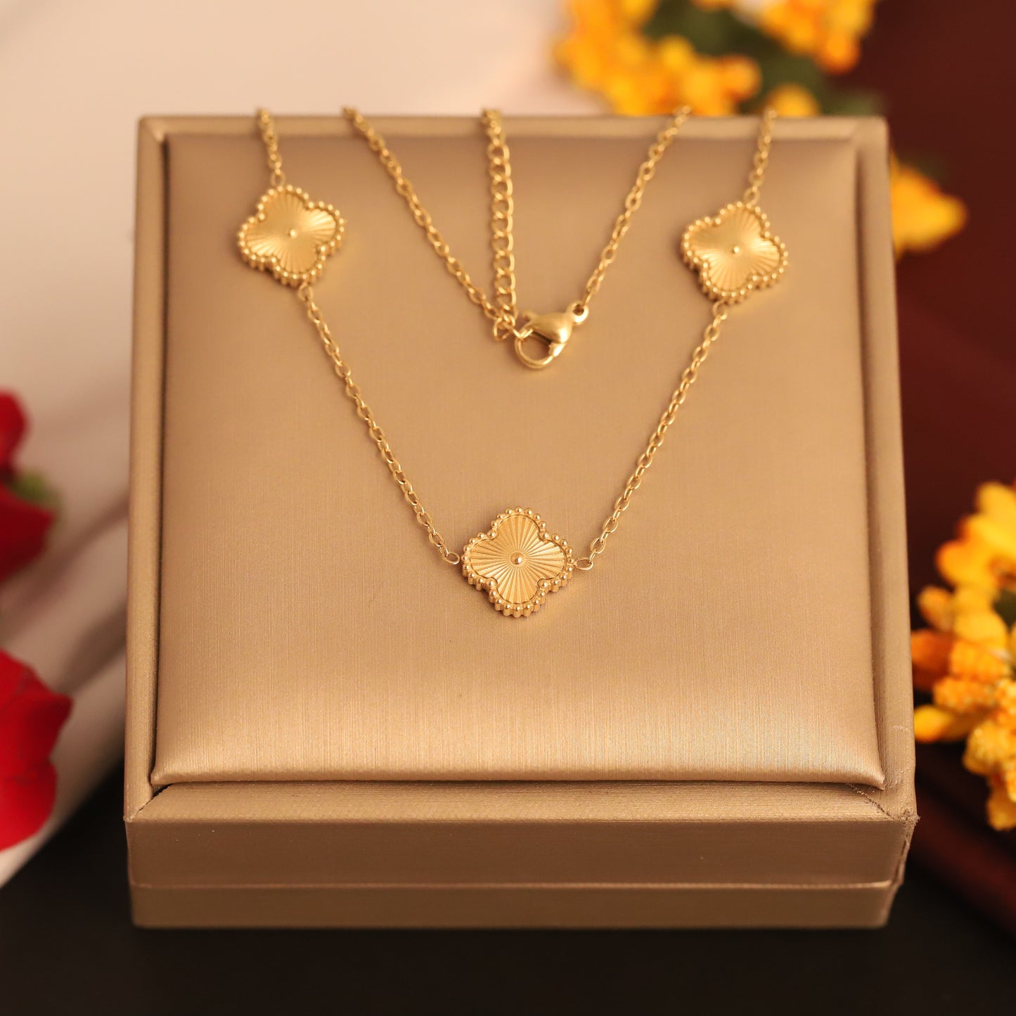 Anti-Tarnish Gold Clover Station Chain Necklace