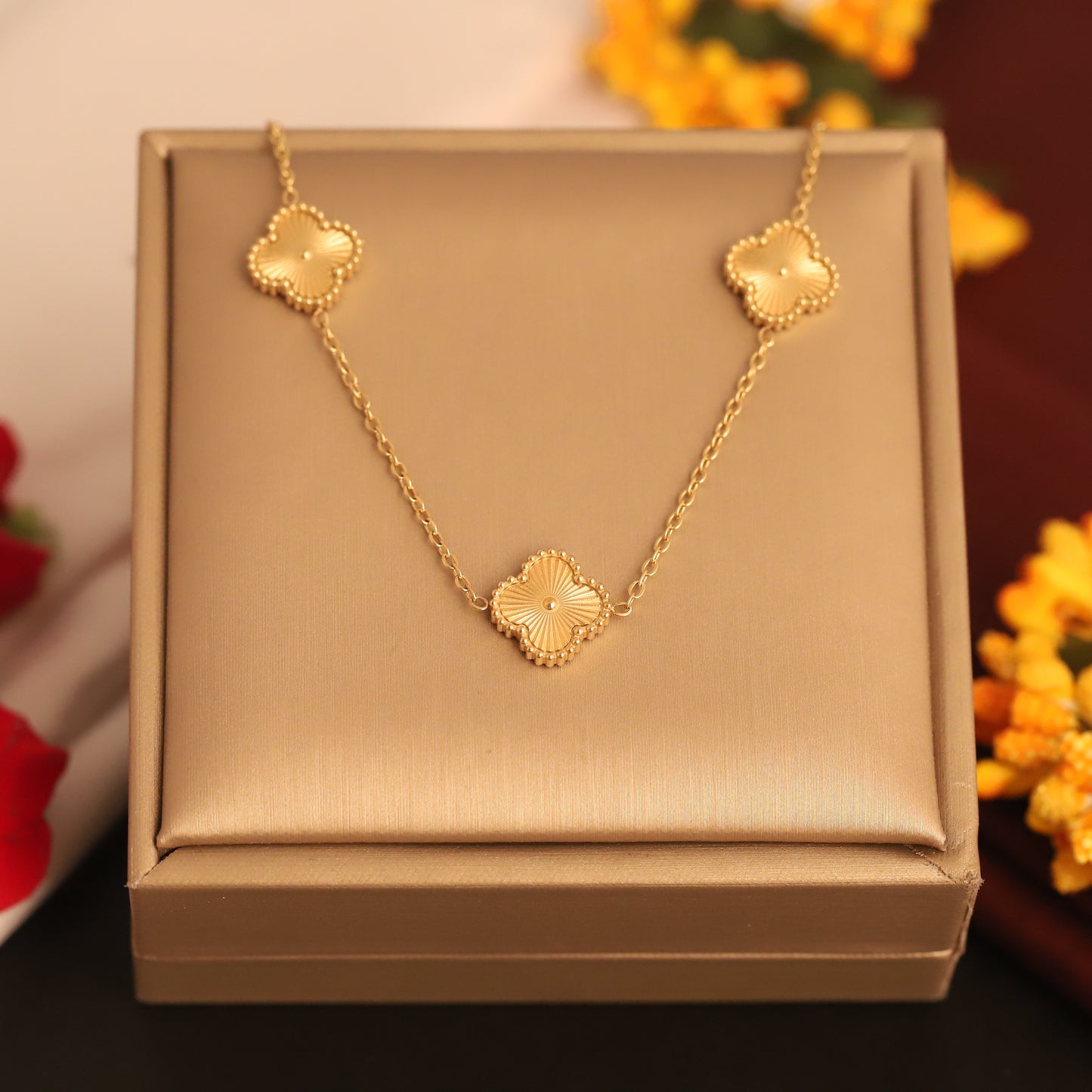Anti-Tarnish Gold Clover Station Chain Necklace