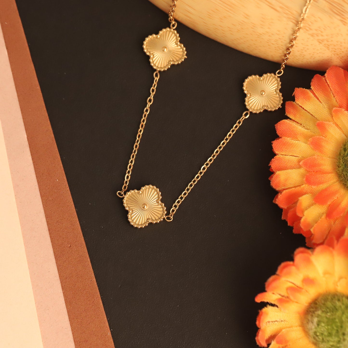 Anti-Tarnish Gold Clover Station Chain Necklace