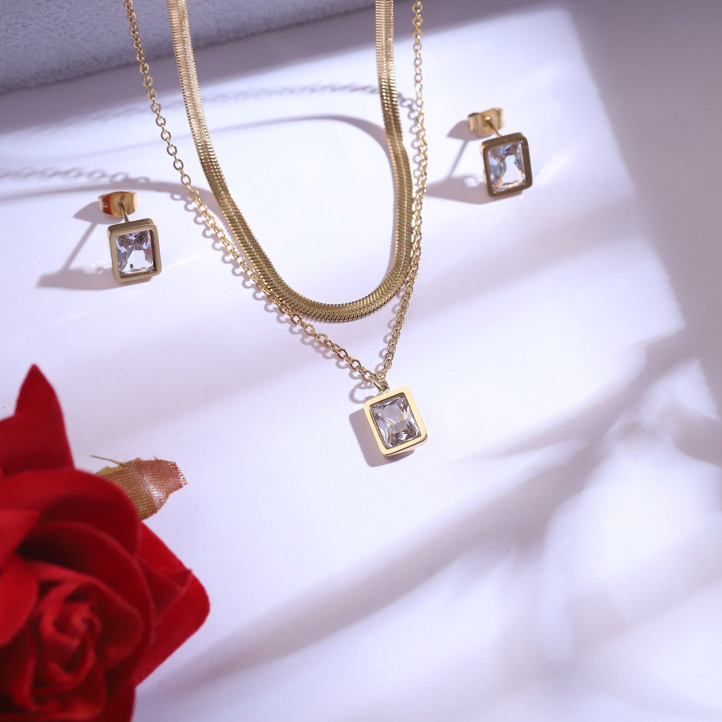 Anti-Tarnish Gold Dual-Layer Necklace & Square Stud Set