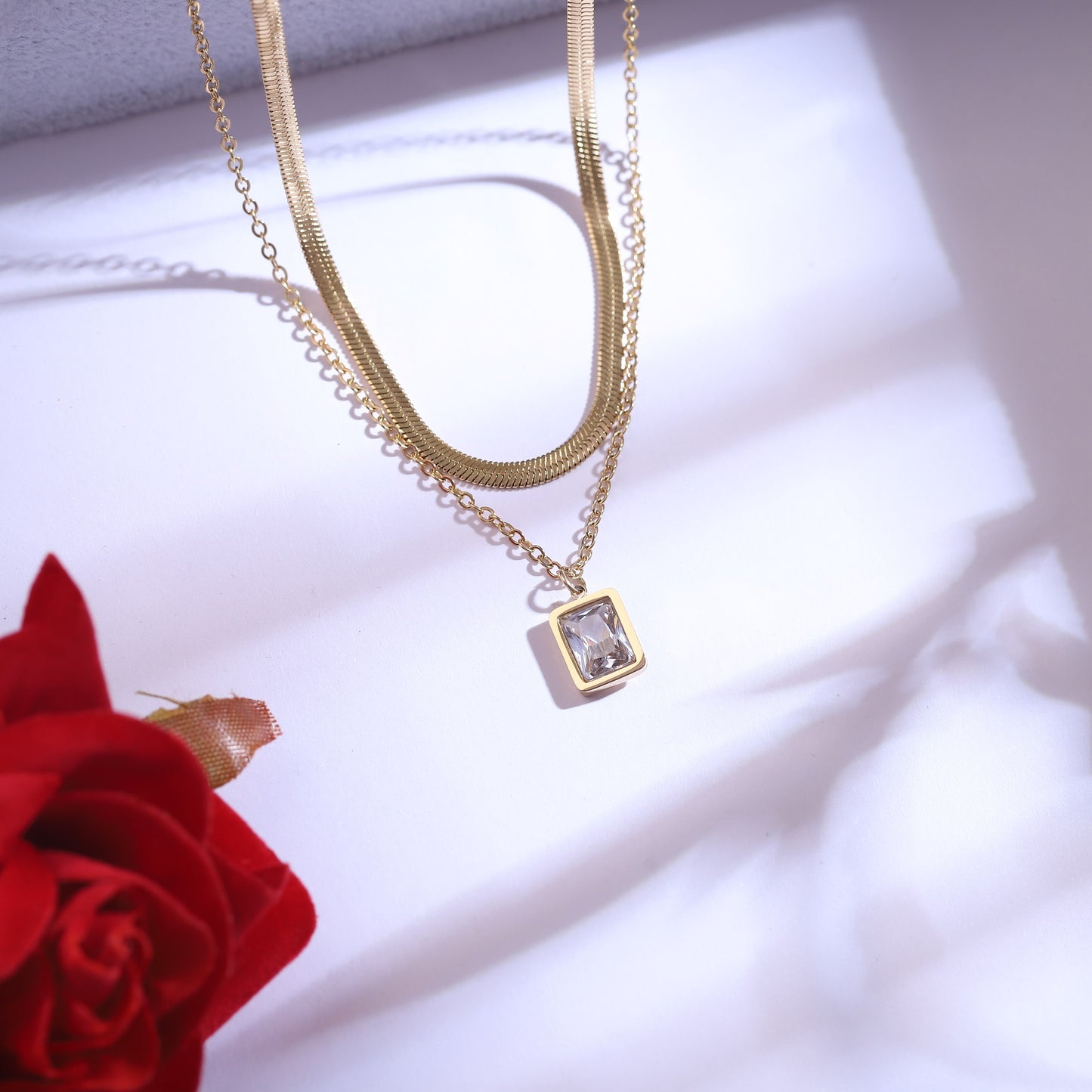 Anti-Tarnish Gold Dual-Layer Necklace & Square Stud Set