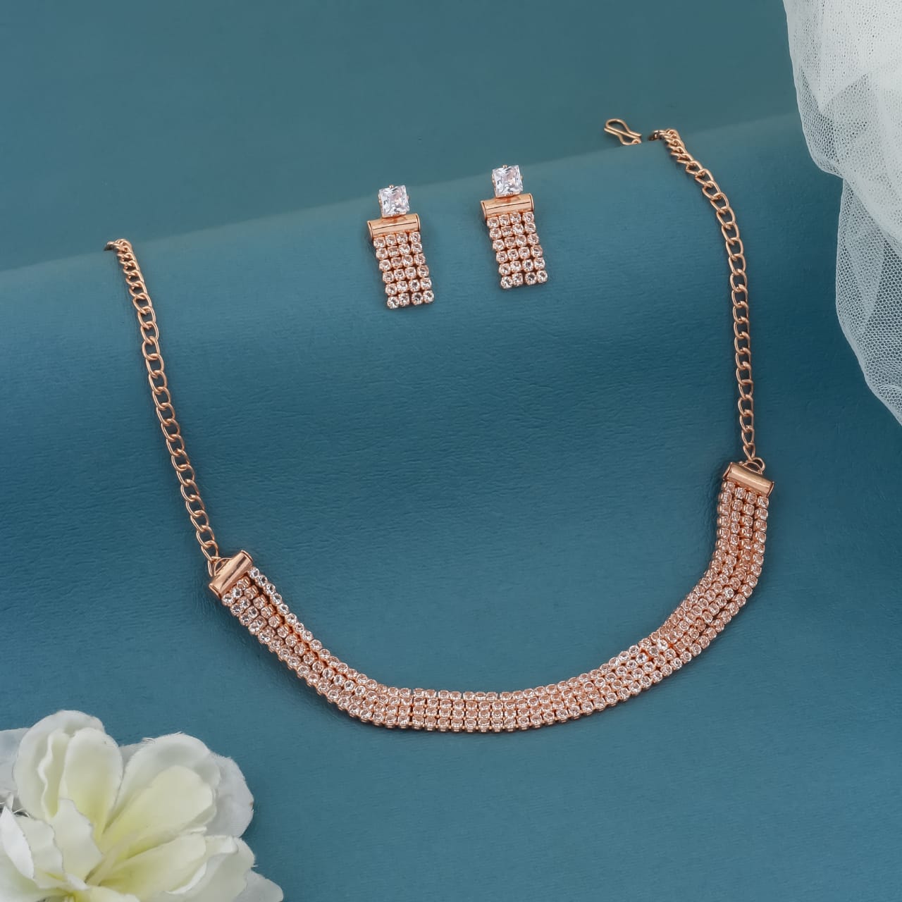 Rose Gold Necklace Set with Earrings