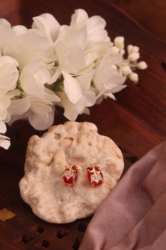 Classy Red Stone Leaf Design Stud Earrings