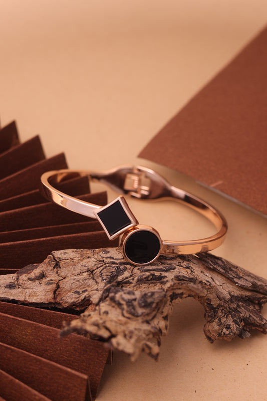 Gold Plated Black Enamel Bracelet – Adjustable Minimalist Bangle