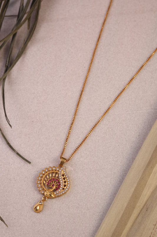 Peacock Inspired Crystal & Red Stone Pendant