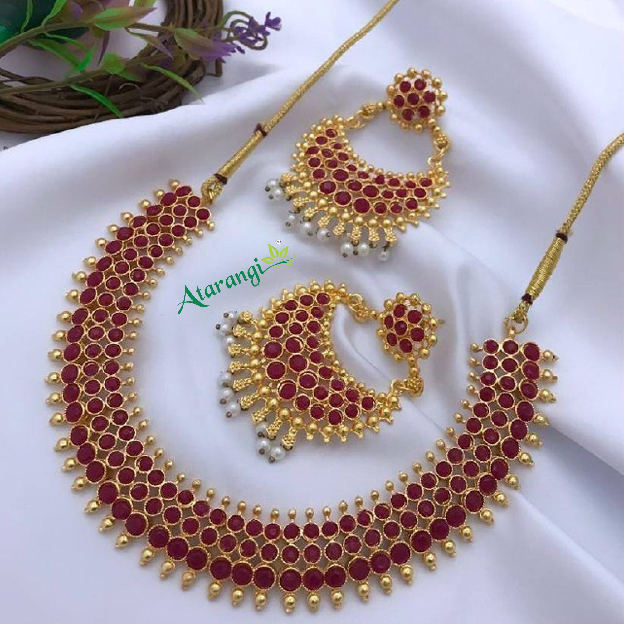 Gold-Plated Necklace Set – Red, Green, Silver, Red-Green Variants