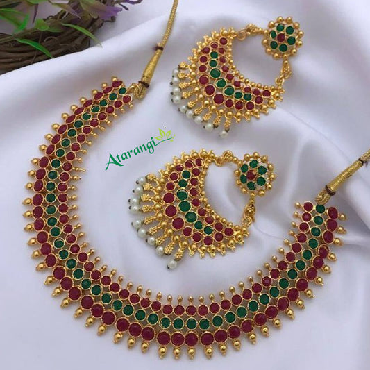 Red Green Round Stone Necklace Set
