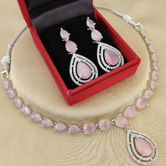 Light Pink Stone Bridal Necklace Set with Earrings – Elegant Wedding & Party Jewelry