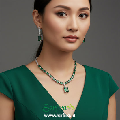 Green Stone AD Rectangle Drop Necklace