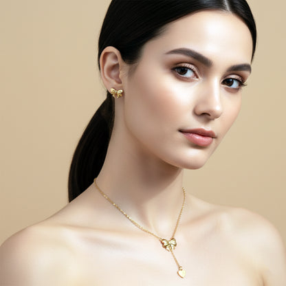 Gold Bow Tie Lariat Necklace & Stud Set