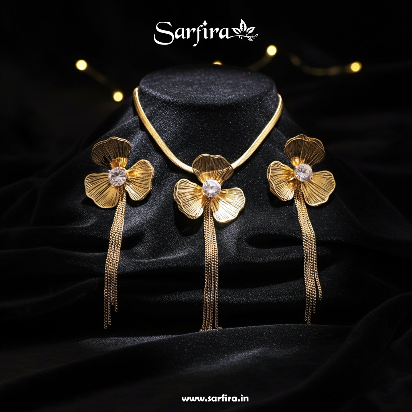 Anti-Tarnish Gold Flower Tassel Necklace & Earring Set