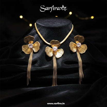 Anti-Tarnish Gold Flower Tassel Necklace & Earring Set