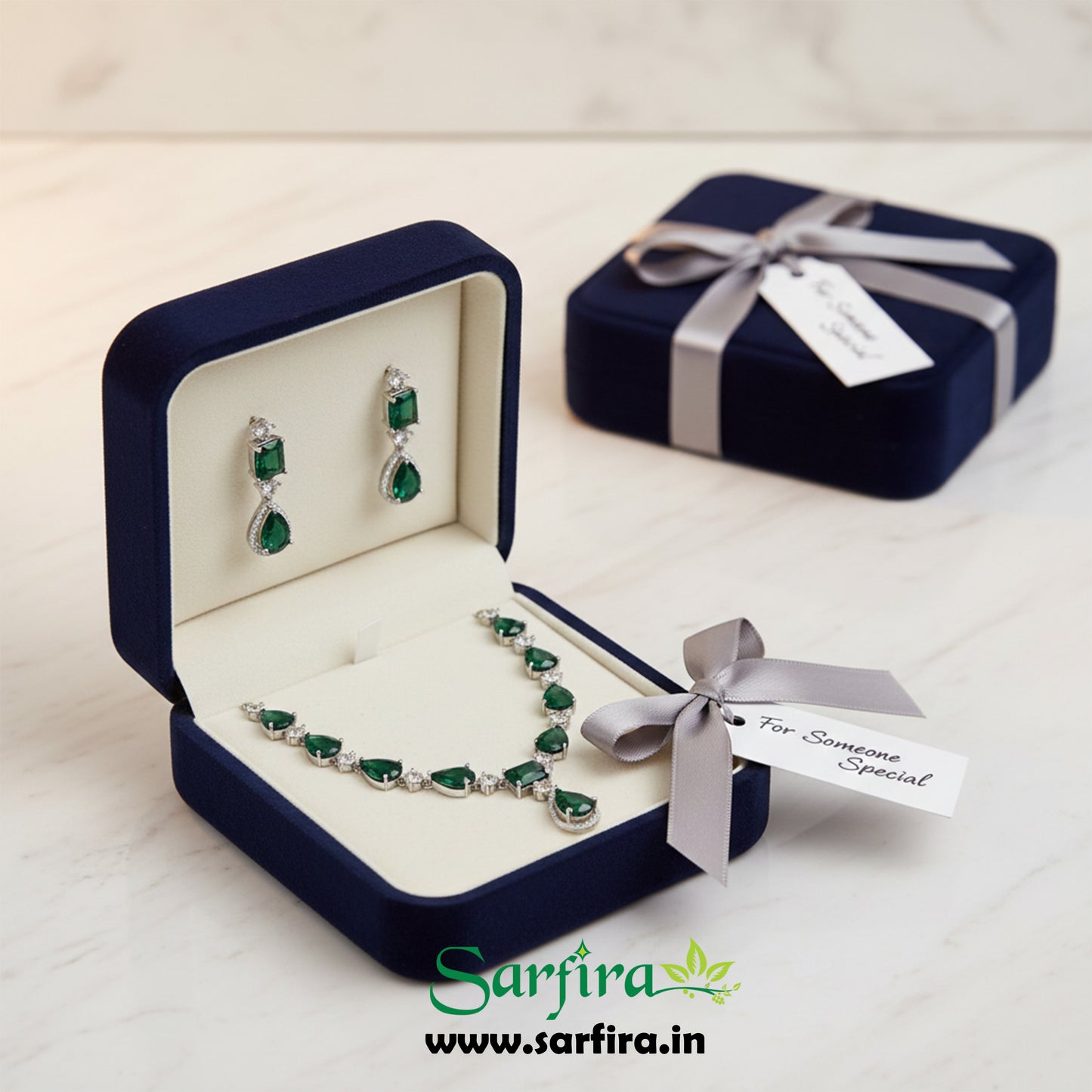 American Diamond Big Drop Wedding Necklace (Green)