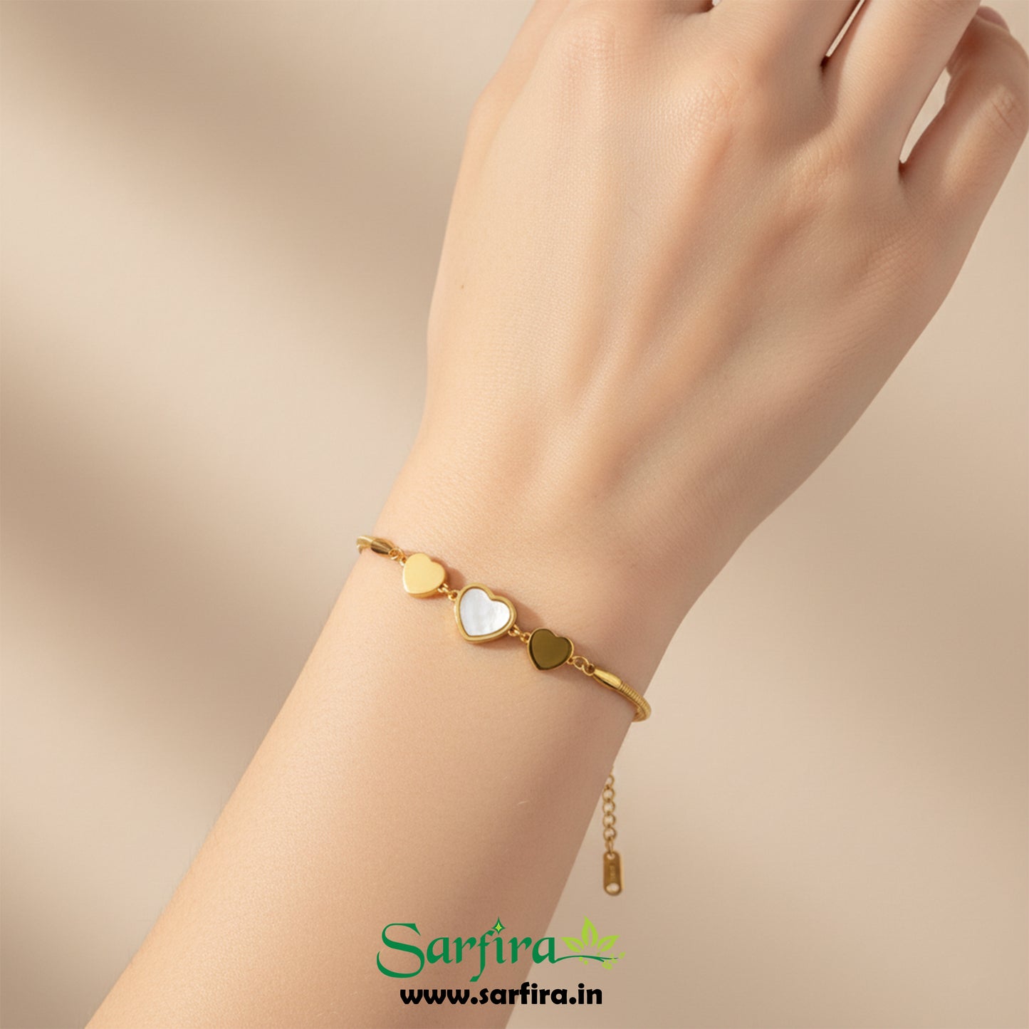 Gold MOP & Triple Heart Snake Chain Bracelet