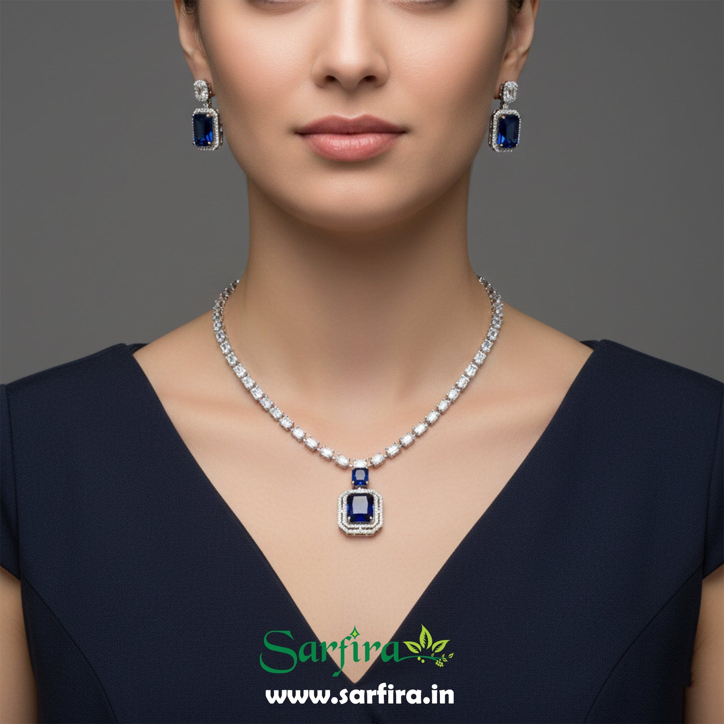 Blue Stone AD Big Drop Statement Necklace