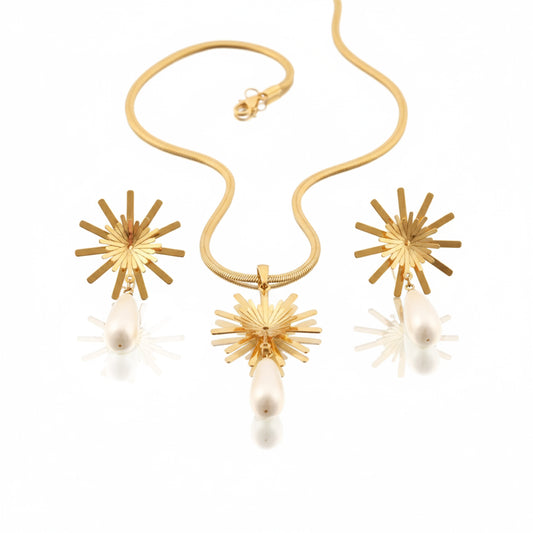 Anti-Tarnish Gold Starburst Pendant & Pearl Drop Set
