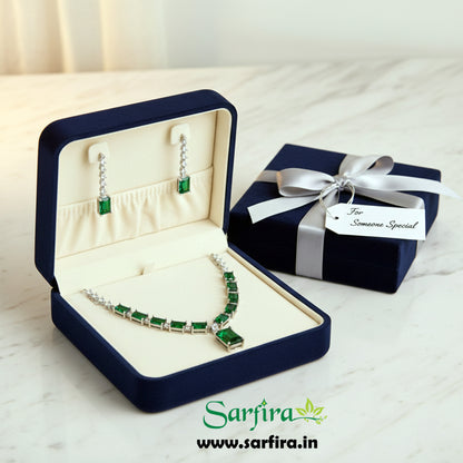 Green Stone AD Rectangle Drop Necklace