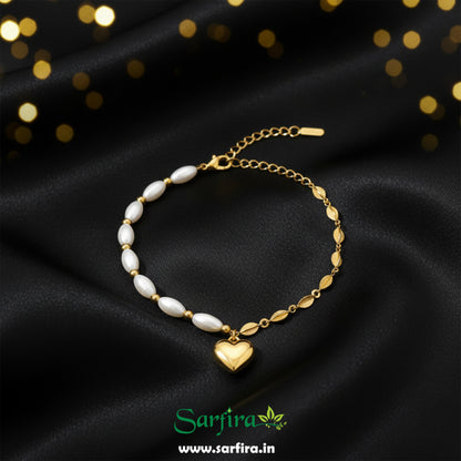 Anti-Tarnish Gold Half Pearl Half Leaf Bracelet