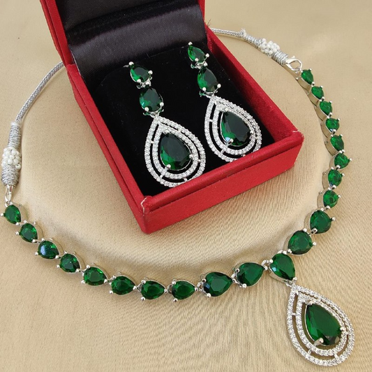 Green Stone Bridal Necklace Set with Earrings – Elegant Wedding & Party Jewelry