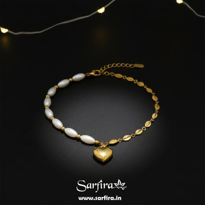 Anti-Tarnish Gold Half Pearl Half Leaf Bracelet