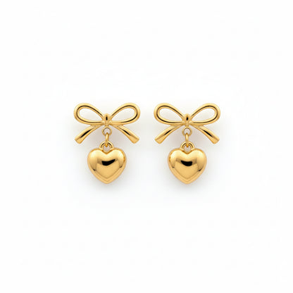 Gold Bow Tie Heart Drop Stud Earrings