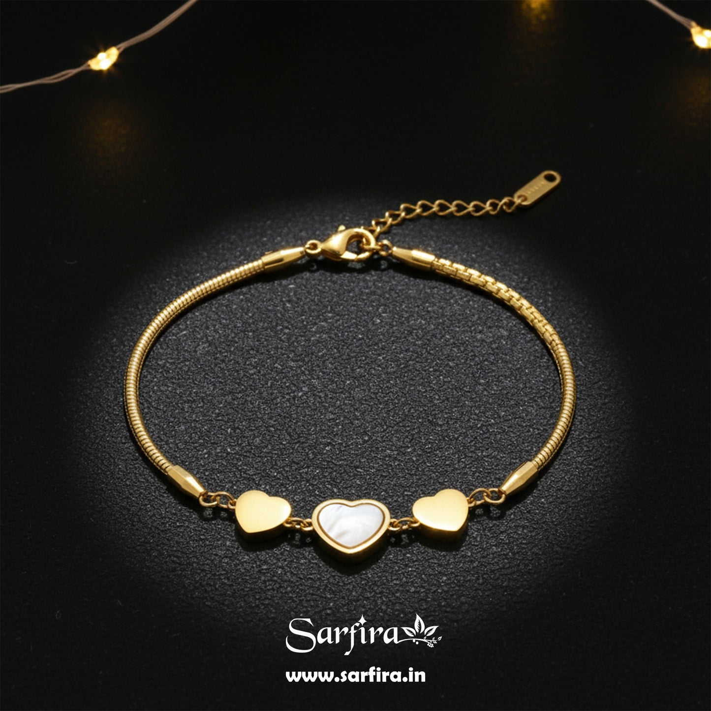 Gold MOP & Triple Heart Snake Chain Bracelet